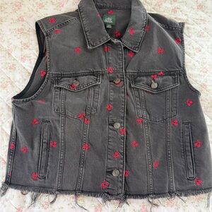 Wild Fable Gray Denim Vest with Cherry Embroidery